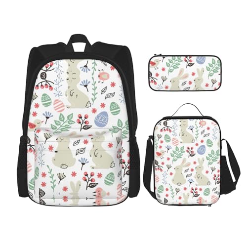 WURTON Schulrucksack-Set mit Blumenmotiv, Hasen, Vögel, 3-in-1, Büchertaschen-Set mit Lunchbox, Federmäppchen, Reise-Laptop, Tagesrucksäcke