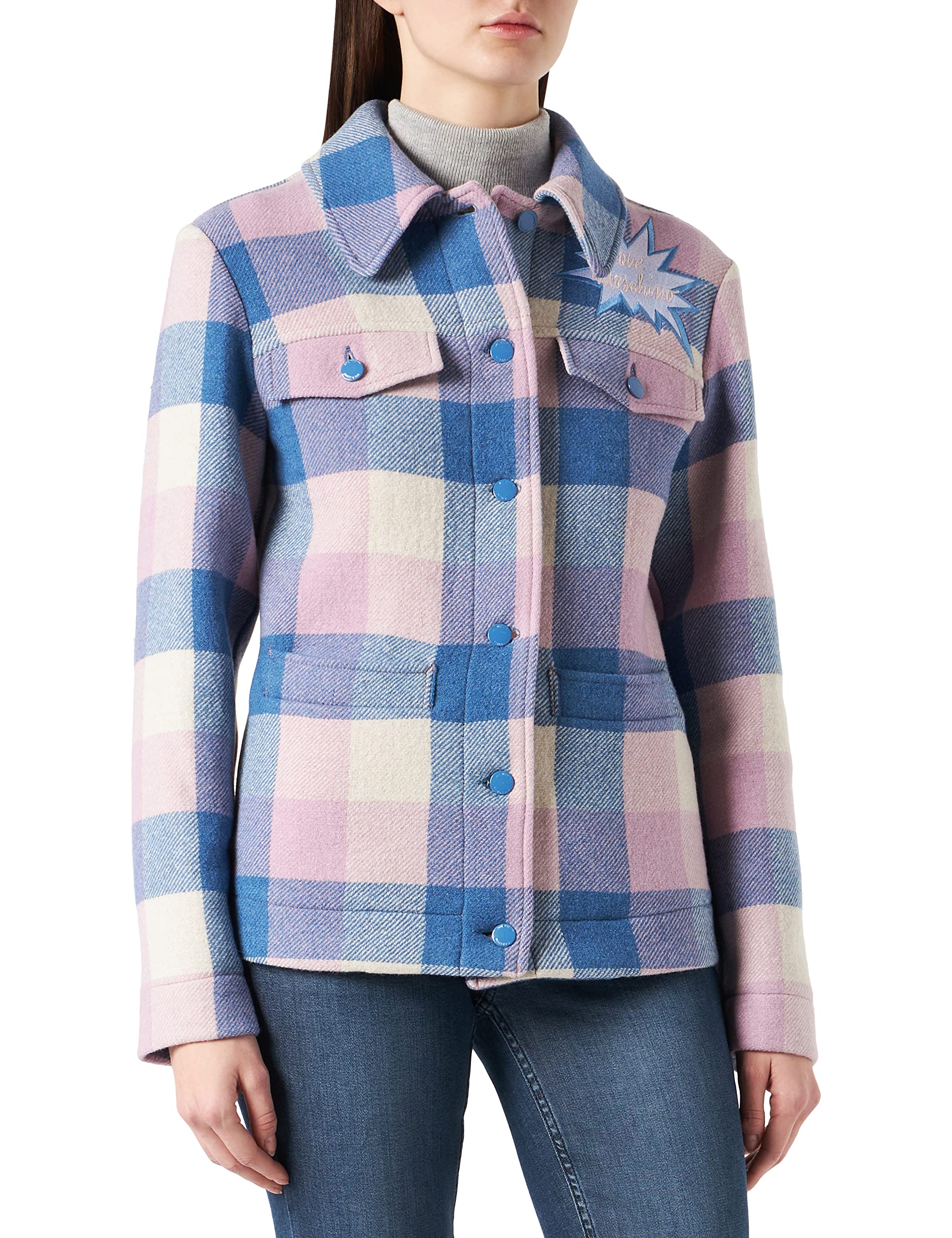 Love Moschino Womens Yarn-Dyed Checked 78% Wool with Cartoon Logo Embroidery Jacket, BCO-ROSA-AZZURR, 44