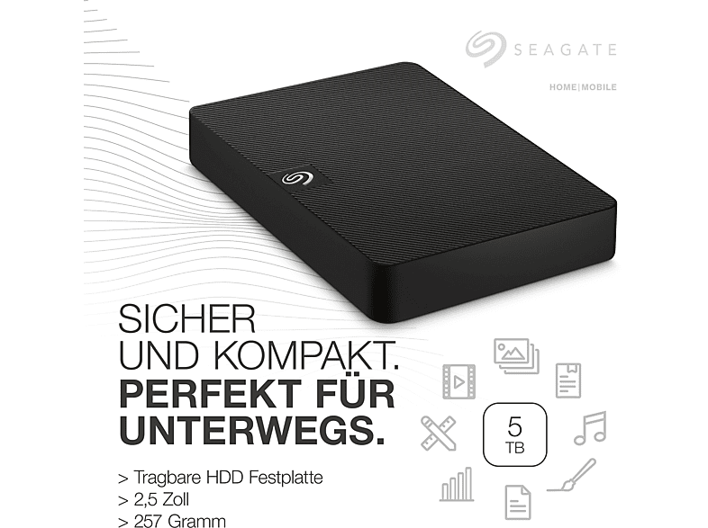 SEAGATE Expansion Portable, Exclusive Edition Festplatte, 5 TB HDD, 2,5 Zoll, extern, Schwarz