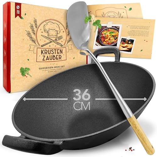 KRUSTENZAUBER 36cm Gusseisen Wok Induktion - Wokpfanne mit Wokwender - Ideal für Gasgrill, Herd, Ofen, als Paella Pfanne Gusseisen, Gusseisenpfanne Induktionsgeeignet für Stir Fry oder Sac Tava