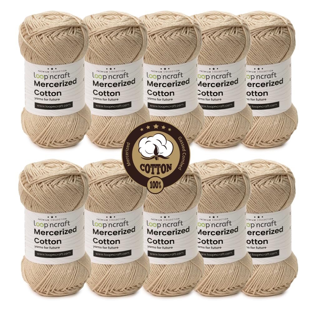 Mercerized Cotton 10er-Set, Naturfarbe, Loopncraft, 10 X 50g, Amigurumi Garn, Premium, 100% merzerisierte, gekämmte und gasierte Baumwolle