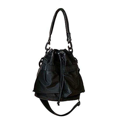 ohodhmnu Damen-Tragetasche, modische Nylonschnur, Eimerbeutel, plissiert, große Kapazität, weiche Umhängetasche, Handtasche, lässige Damen-Schultertasche, Schwarz , with scarf