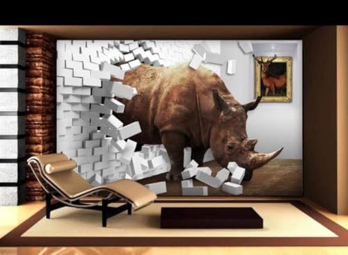 Tier Nashorn Weiße Ziegelmauer 3D Tapete Poster Restaurant Schlafzimmer Wohnzimmer Sofa TV Dekorative Wand-150cm×105cm