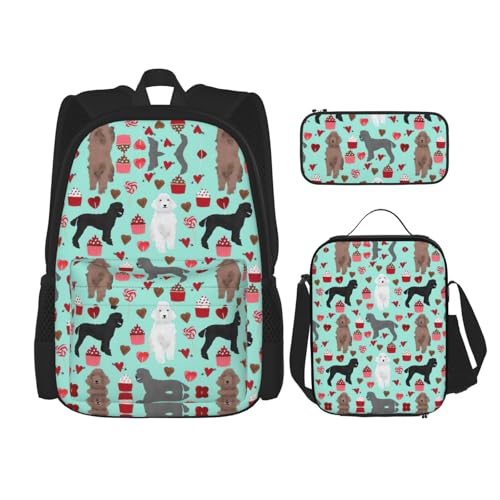 WURTON Trendige Rucksacktaschen mit Pudel-Motiv, Lunchbox und Federmäppchen, 3-in-1, verstellbares Rucksack-Set