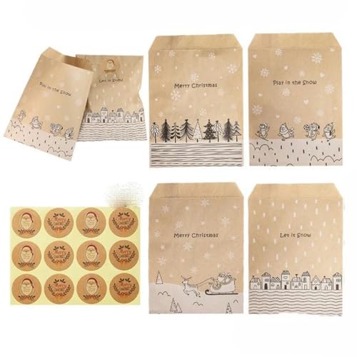 24 Sets Feiertags-Countdown bis Weihnachten, Adventskalender, Geschenktüten aus Kraftpapier, Partygeschenke, Verpackungsset, Kekse, Beutel, Zubehör – 24 Sets, Muster 1