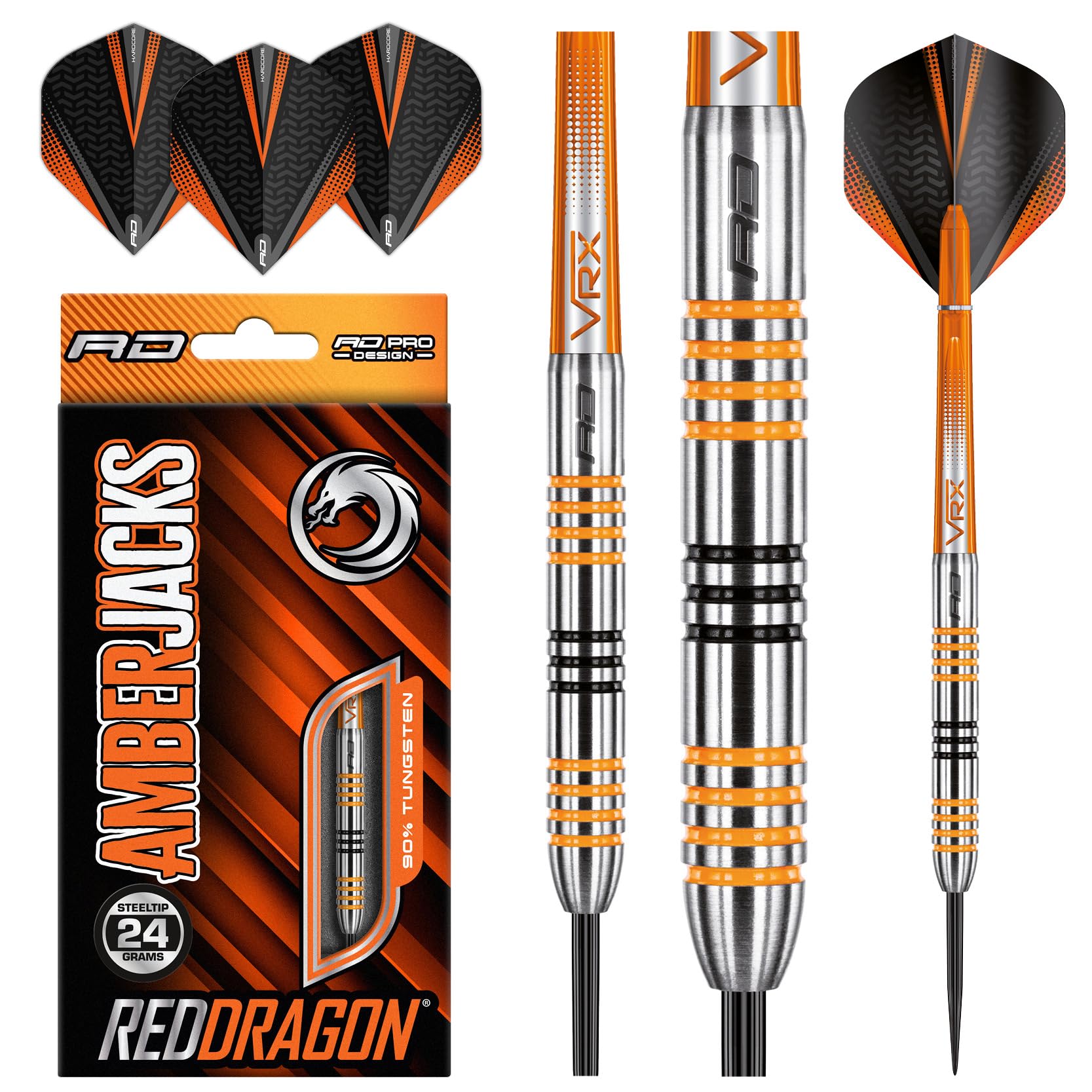 RED DRAGON Amberjack Series Steel Tip Profi Dartpfeile Set mit Flights und Schäfte (3, 24G)