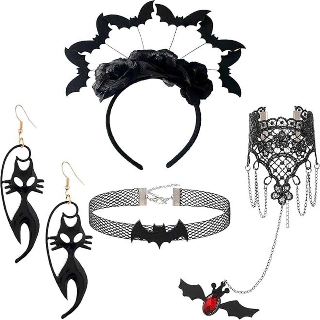 CAZSTYK Fledermaus-Haarreifen für Damen, mit Ohrringen, Halsband, Haarband, Halloween, Karneval, Rollenspiele, Abschlussball, Party-Schmuck für Damen, 4 Stück