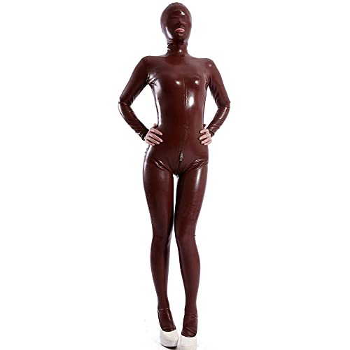 Handgefertigter Frauen-Kaffee-Latex-Mädchen-Catsuit Ganzkörper-Gummihaube mit offenem Mund und Reißverschluss im hinteren Schritt