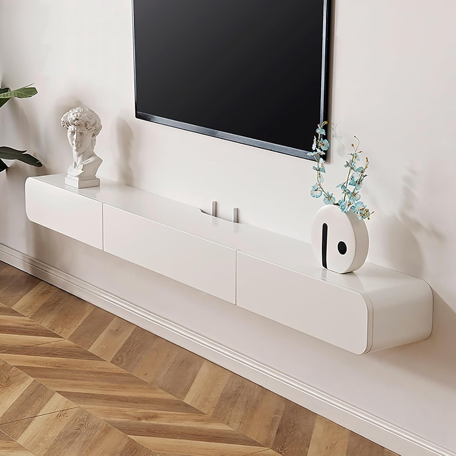 Minimalistischer schwebender TV-Ständer, wandmontierte TV-Konsole, Moderne TV-Wandeinheiten für Wohnzimmer, TV-Schrank aus Holz, Medienkonsole, Bianco, 160 cm