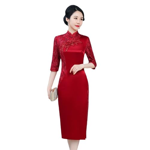 Damen Cheongsam-Kostüm Mit Spitze Und Blumenmuster, Frauen Retro Spitze Spleißen Elegante Stickerei Seite Schlitz Qipao, 2/3-Ärmel, Figurbetontes Qipao Mit Blumendruck, Für Frauen Oma (Color : Red,