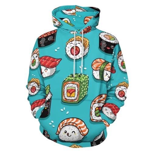 HABXNJF Kapuzen-Sweatshirt, Sushi-süßer Stil, Hoodie, modischer Kapuzenpullover mit Tasche für Herren und Damen, Sushi Cute Style, M