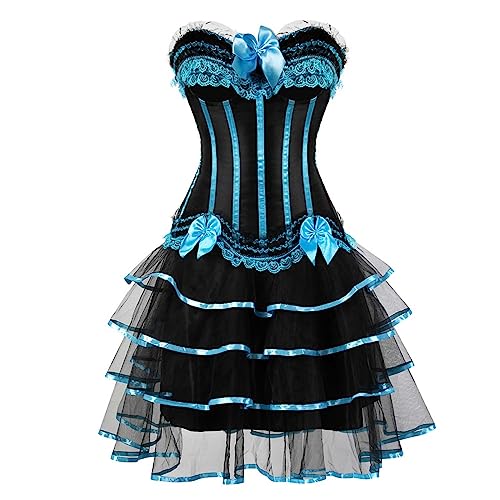 Mittelalter Rock Damen Set Steampunk Gothic Rock und Korsett Zweiteiliges Vintage Viktorianisch Renaissance Spitzen Tutu Rock Halloween Karneval Kostüm Palast Gotischer Punk 2PCs Party Outfit