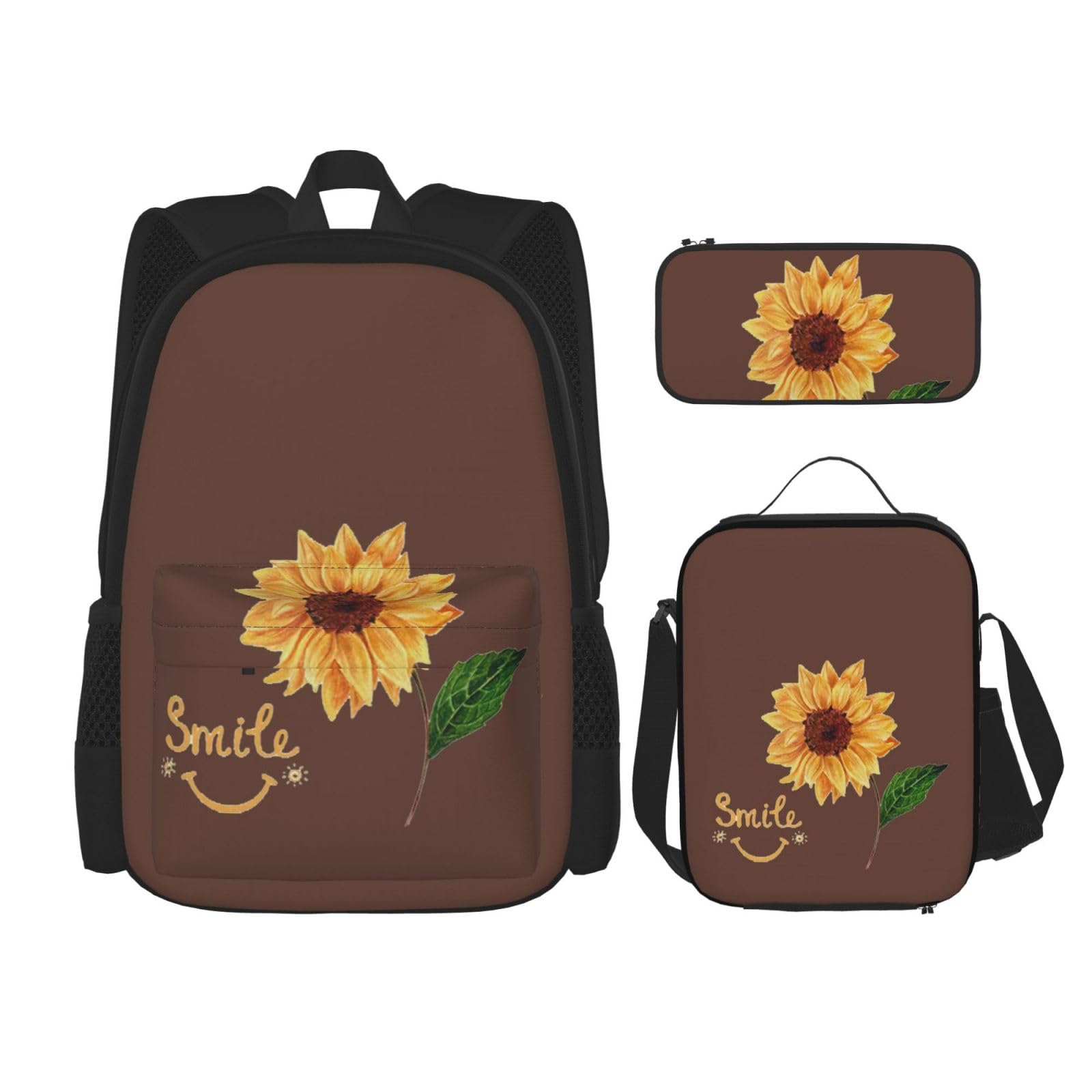 WURTON Lächelndes Gesicht, Sonnenblumen-Druck, verstellbare Schultergurte, Rucksack-Set, Lunch-Tasche, Federmäppchen, Kombinationstaschen-Set