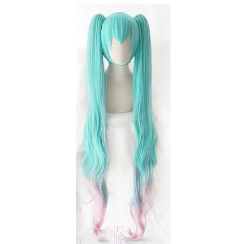 WCCNKK Hatsune Miku Cosplay Perücken, Hellblaues, Rosafarbenes Langes Haar Mit Farbverlauf, Hitzebeständige Synthetische Haare Perücke + Kappe, Geeignet Für Halloween, Partys, Karneval