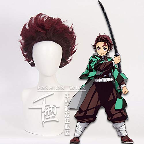 LINLINCD Cosplay wig Dämonentöter Kimetsu no Yaiba Tanjiro Kamado Tanjirou Kurze Perücke Cosplay Kostüm Synthetisches Haar Männer Frauen Karneval Party Perücken