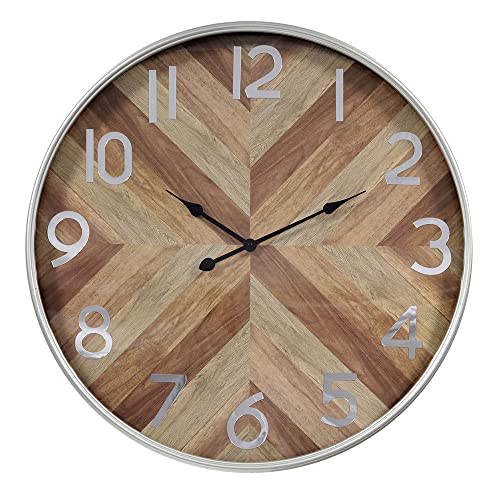 LW Collection Wanduhr Saylor Silber und Holz 60cm - moderne Wanduhr mit Glasplatte im Fischgrätmuster - Große Wanduhr - Nicht tickend - geräuschlos – batteriebetrieben - industrial design