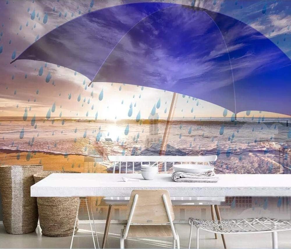 Regenschirme Regentropfen Strände 3D Tapete Poster Restaurant Schlafzimmer Wohnzimmer Sofa TV Dekorative Wand-200cm×140cm