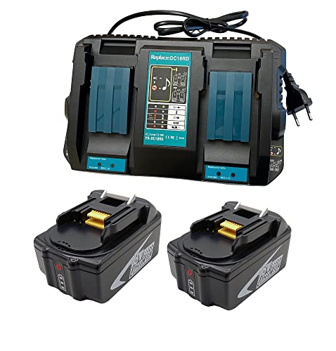 2 Stück Ersatz Makita BL1850B 18V LXT Lithium-Ionen Akku und 1 Stück Ersatz Dual Port Ladegerät DC18RD (18V 5.0Ah)