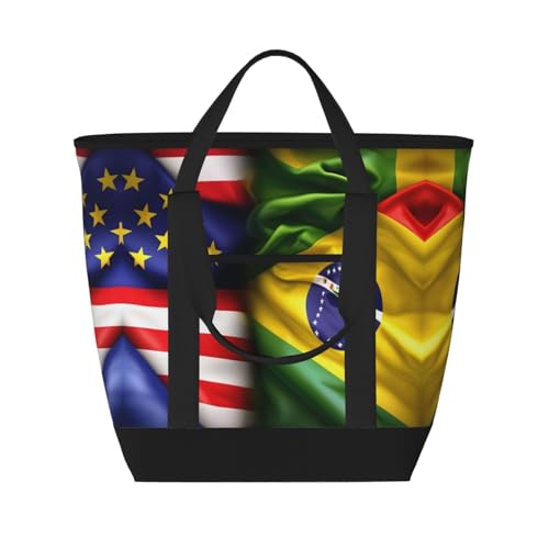 YQxwJL Isolierte Kühltasche mit amerikanischer und brasilianischer Flagge, großes Fassungsvermögen, Einkaufstasche, Reisetasche, Strand, wiederverwendbare Einkaufstasche für Erwachsene, Schwarz,