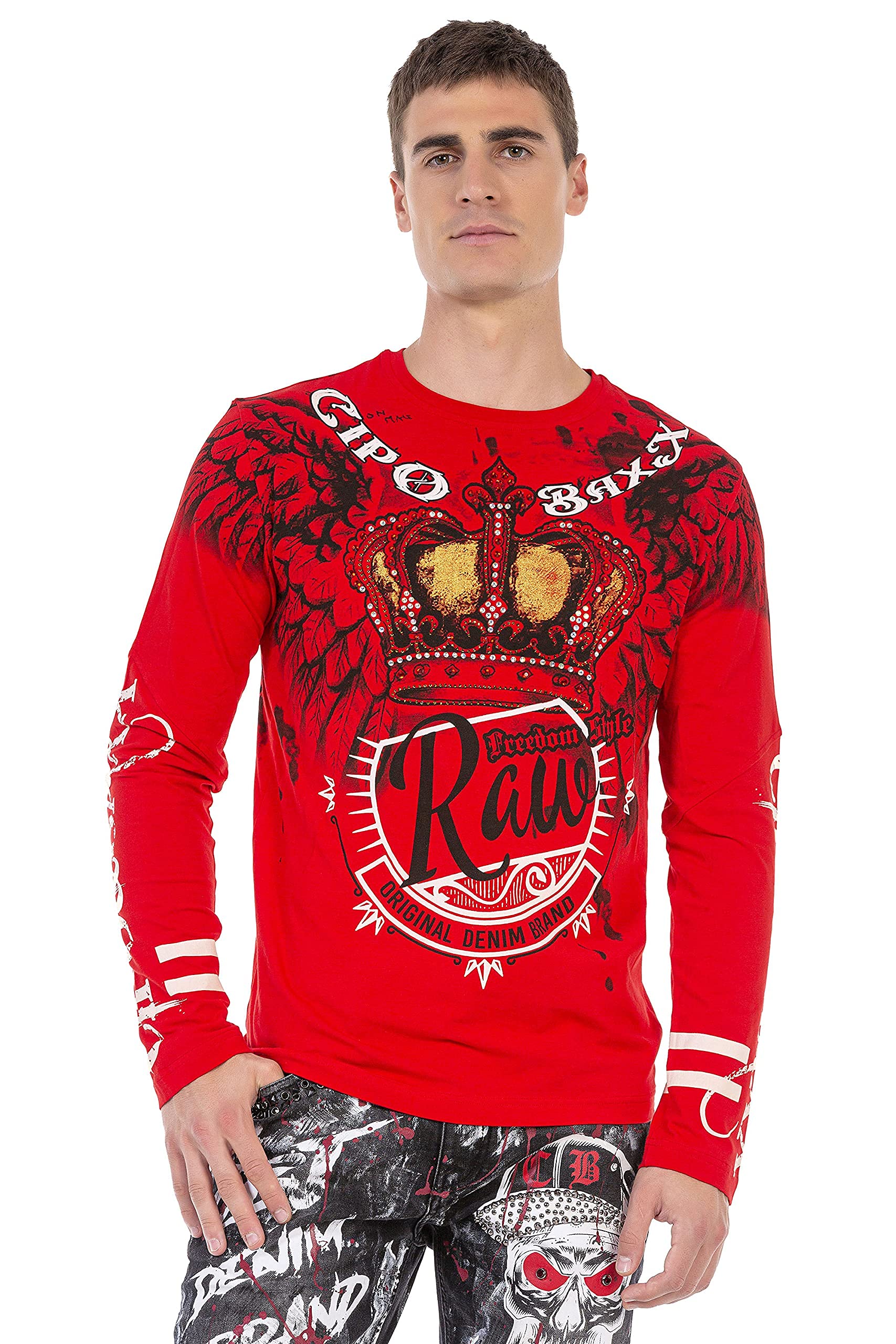 Cipo & Baxx Herren Langarmshirt Print Strassstein Longsleeve Rundhals Shirt Sweatshirt CL451 Rot L