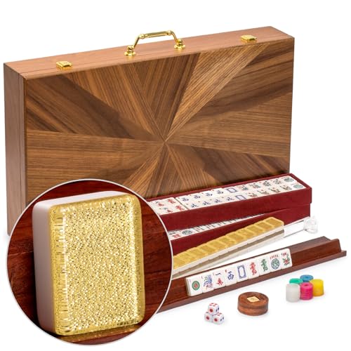 Yellow Mountain Imports Amerikanisches Mahjong-Set, Golden Fortune mit 166 Acryl-Mahjongsteinen, eingelegtem Holzkoffer, und Anderen Zubehörteilen