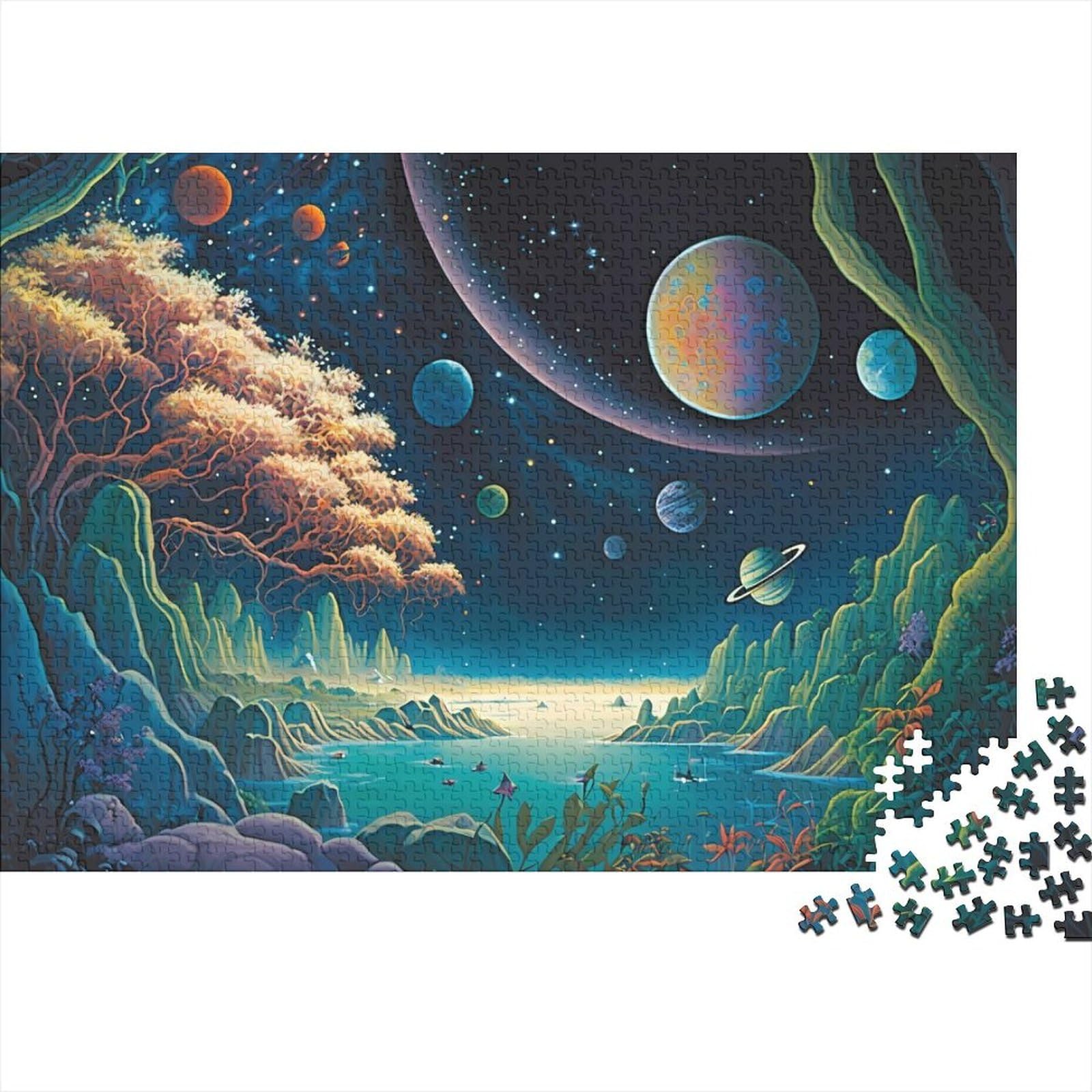 500 Teile für Erwachsene, schwierige Puzzles, verrückte Weltraumlandschaft, Holzpuzzle für Erwachsene mit passendem Poster und Wissensblatt (Größe 52x38cm)