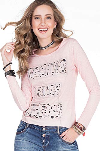 Cipo & Baxx Damen Longsleeve Langarmshirt Pullover Rundhals Shirt Stein-Besatz Design Ausgefallen Pink S