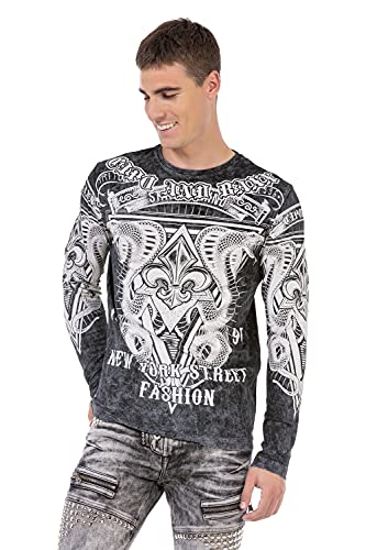 Cipo & Baxx Herren Langarmshirt Rundhals Print Longsleeve Longshirt Sweatshirt CL449 Schwarz M