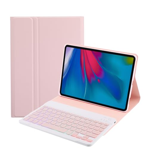 SUEEWE Tastatur Hülle für Lenovo Tab M11 11" 2024 (TB330FU), TPU Rückseite Hülle mit 3 Bereich 7 Farbe Beleuchtete Abnehmbarer QWERTZ Tastatur, Rosa