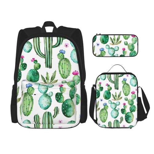 WURTON Rucksack mit tropischem Kaktusbaum, Blumendruck, 3-in-1, Büchertaschen-Set, Lunchbox, Federmäppchen, Reise-Laptop, Tagesrucksäcke, Schwarz, Einheitsgröße