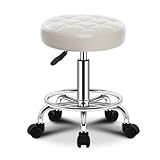 ZHOUXIAO PU Leder Rund Rolling Stool Shop Bar Hocker mit Rädern, Schwenkhöhenanpassung Rollinghocker mit Rädern Spa -Zeichnungs Salon Tattoo Office Massage Stuhl Kissen White