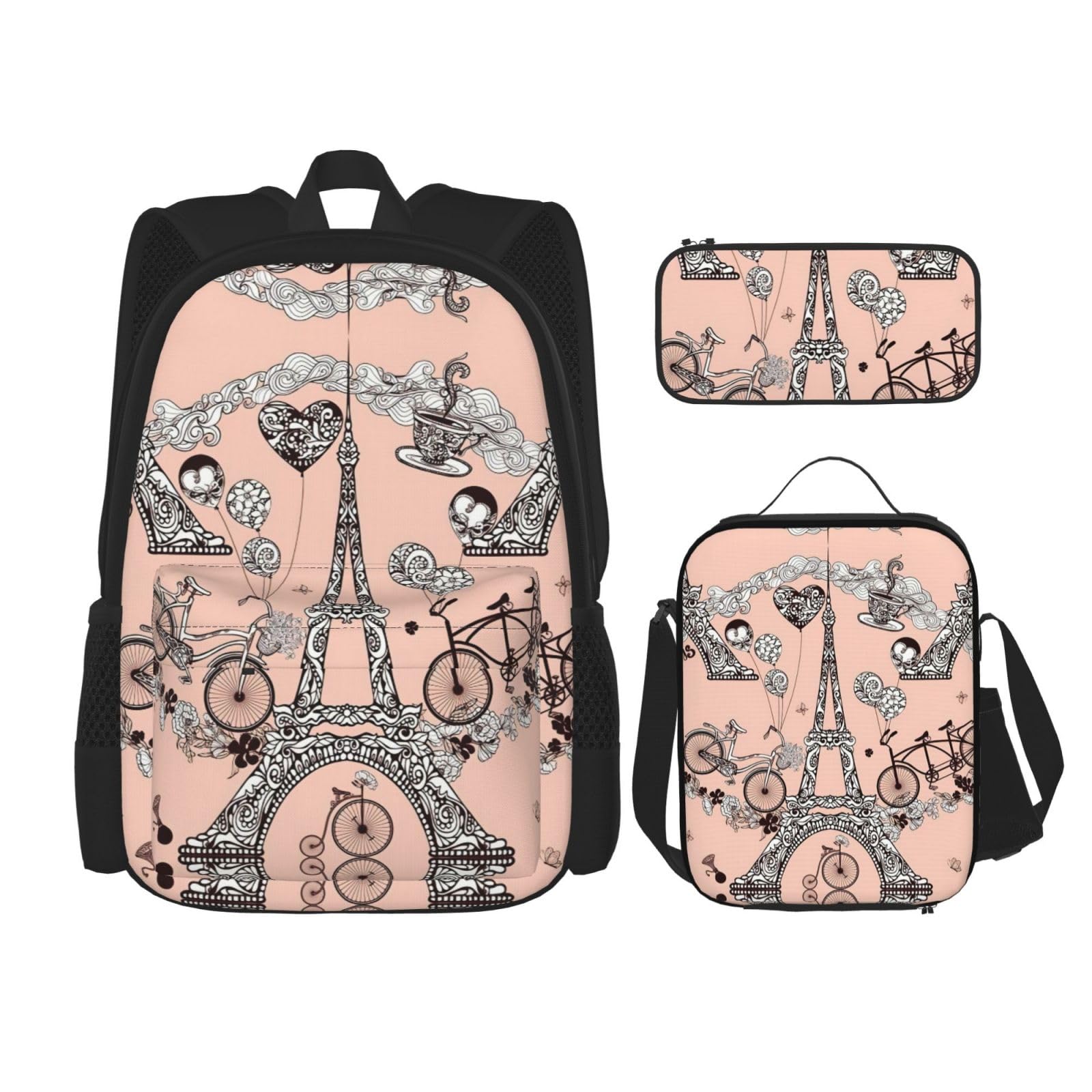 WURTON Fahrrad-Rucksack mit Kaffeeballon-Druck, Mädchen, Jungen, Schultaschen, Teenager, Lunchbox und Federmäppchen, 3-in-1-Büchertaschen-Set