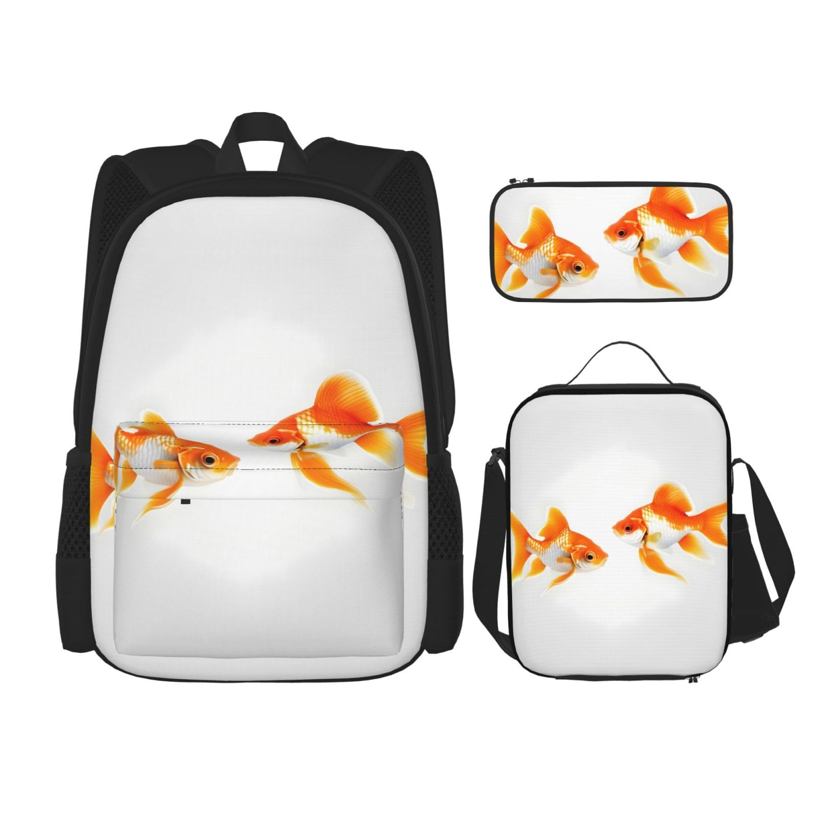 YQxwJL 3-in-1-Rucksack-Büchertaschen-Set, niedlicher Goldfisch-Druck, lässiger Reiserucksack, mit Federmäppchen, Lunchtasche, Niedlicher Goldfisch, Einheitsgröße