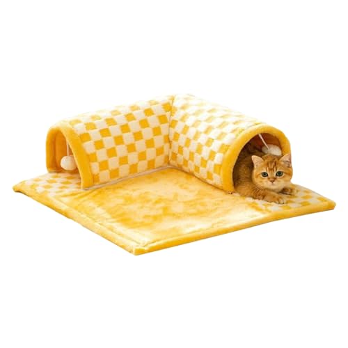 Katzenbett mit Tunnel - 2 in 1 Plüsch Plaid Tunnel Bett für Indoor Katzen | Stilvoller Haustier Spieltunnel Katzenbett für kleine mittelgroße große Katze