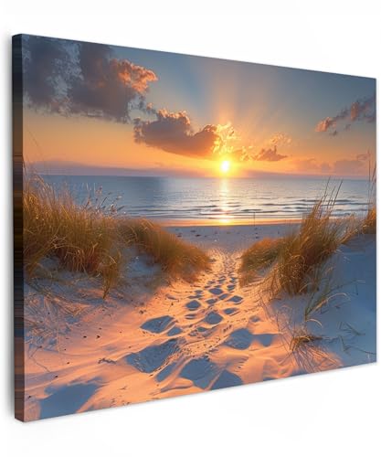 MuchoWow© Leinwandbild 70x50 cm Dekoration Wohnzimmer Bilder Aufhängen Wall Decoration Living Room Wohnungs Deko Moderne Sonnenuntergang - Dünen - Strand - Meer