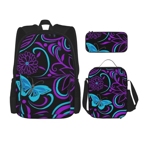 WURTON Lila Schmetterling und Blumen Druck Reise Lunchbox Federmäppchen Rucksack Set 3 Stück Verstellbare Träger Leicht, Schwarz, Einheitsgröße