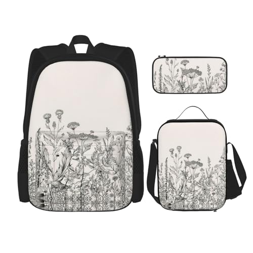 WURTON Rucksack mit floralen Kräutern, botanischer Gravur, für Mädchen und Jungen, Schultaschen, Teenager, Lunchbox und Federmäppchen, 3-in-1-Büchertaschen-Set