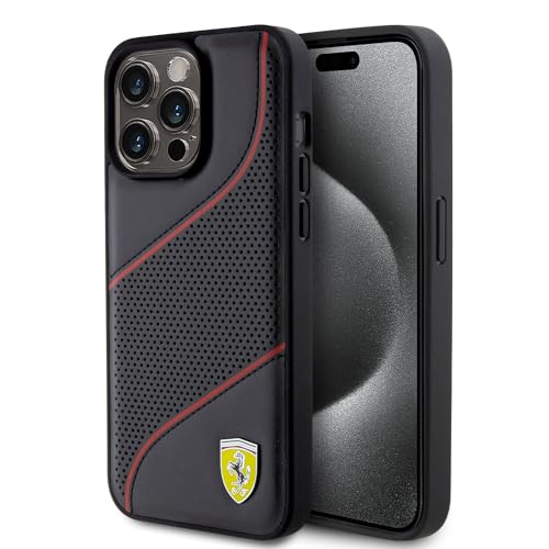 CG MOBILE Ferrari Kompatibel mit iPhone 15 Pro Max Hülle in Schwarz schräge Perforation PU Leder Anti-Kratzer Glatte Schutzhülle mit Easy Snap-on, Stoßdämpfung & Signature Logo, (FEHCP15XPWAK)