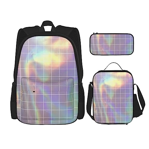 WURTON Reflektierender quadratischer Druck, 3-in-1 Büchertaschen-Set, verstellbarer Schulter-Rucksack, Lunch-Tasche, Federmäppchen, Beutel, Schwarz, Einheitsgröße