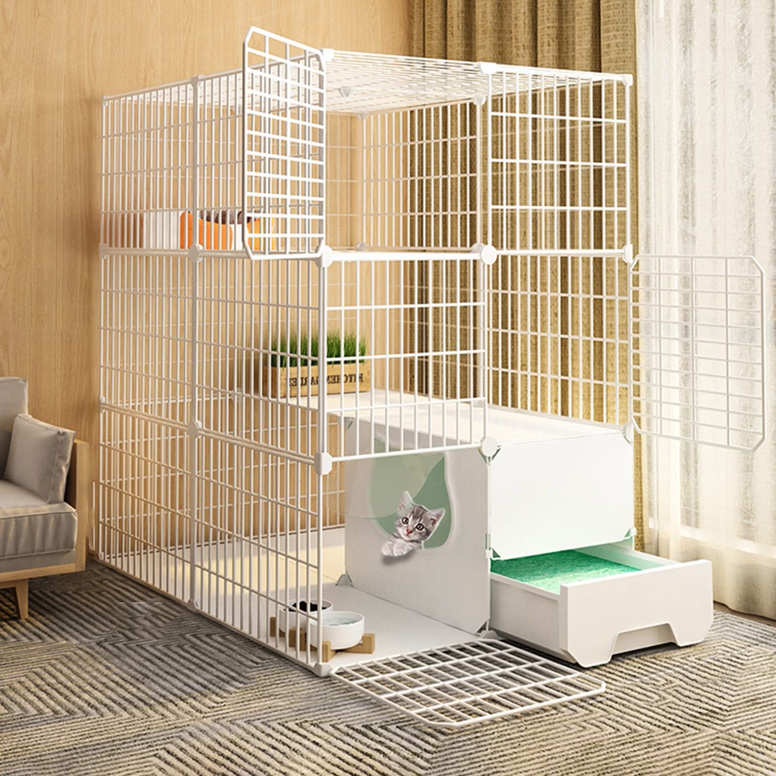 Katzenkäfig – Tier-Katzenlaufstall, Gehege, Käfig mit Tür und geschlossener Katzentoilette, leicht zu reinigen (B 75 x 95 x 109 cm)