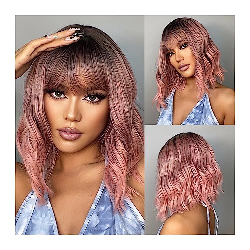 Perücken Rosa bunte Bob-Haare, schulterlange Cosplay-Perücke, hitzebeständige Faser-Synthetik-Perücke for Frauen, kurze gewellte Perücken mit Pony, täglich Damenperücke(Wig-LC032-1)