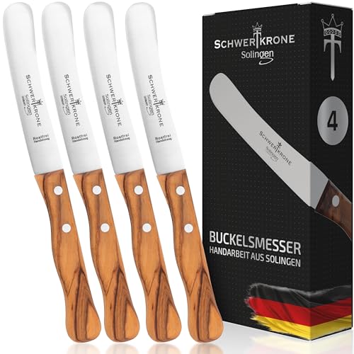 Schwertkrone Brötchenmesser Holzgriff Frühstücksmesser - Buckelsmesser - Buttermesser - Tafelmesser Olivenholz / 4er Messerset/Premiumqualität Solingen