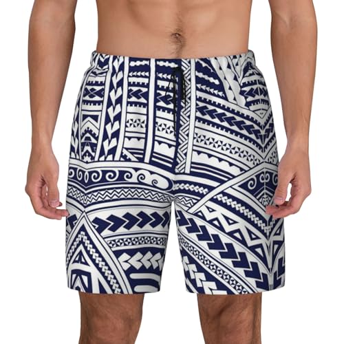 YQxwJL Blaue Polynesische Maori-Tribal-Muster für Herren, doppellagig, schnell trocknend, Badeshorts, Strand-Shorts, dehnbar, Fitnessstudio, Surfen, Schwarz , XXL