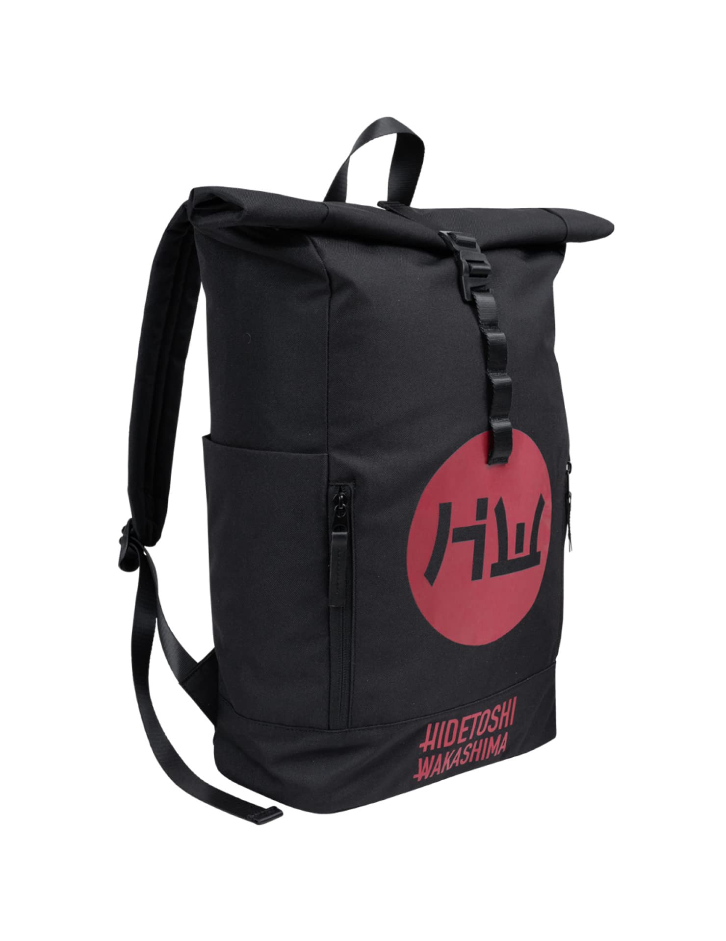 HIDETOSHI WAKASHIMA Rolltop Rucksack, Maße: 39 x 58,5 x 13 cm, mit verstellbaren, gepolsterten Schultergurten, höhenverstellbar von 44 cm bis 47 cm, flexibles Fassungsvermögen (schwarz/rot)