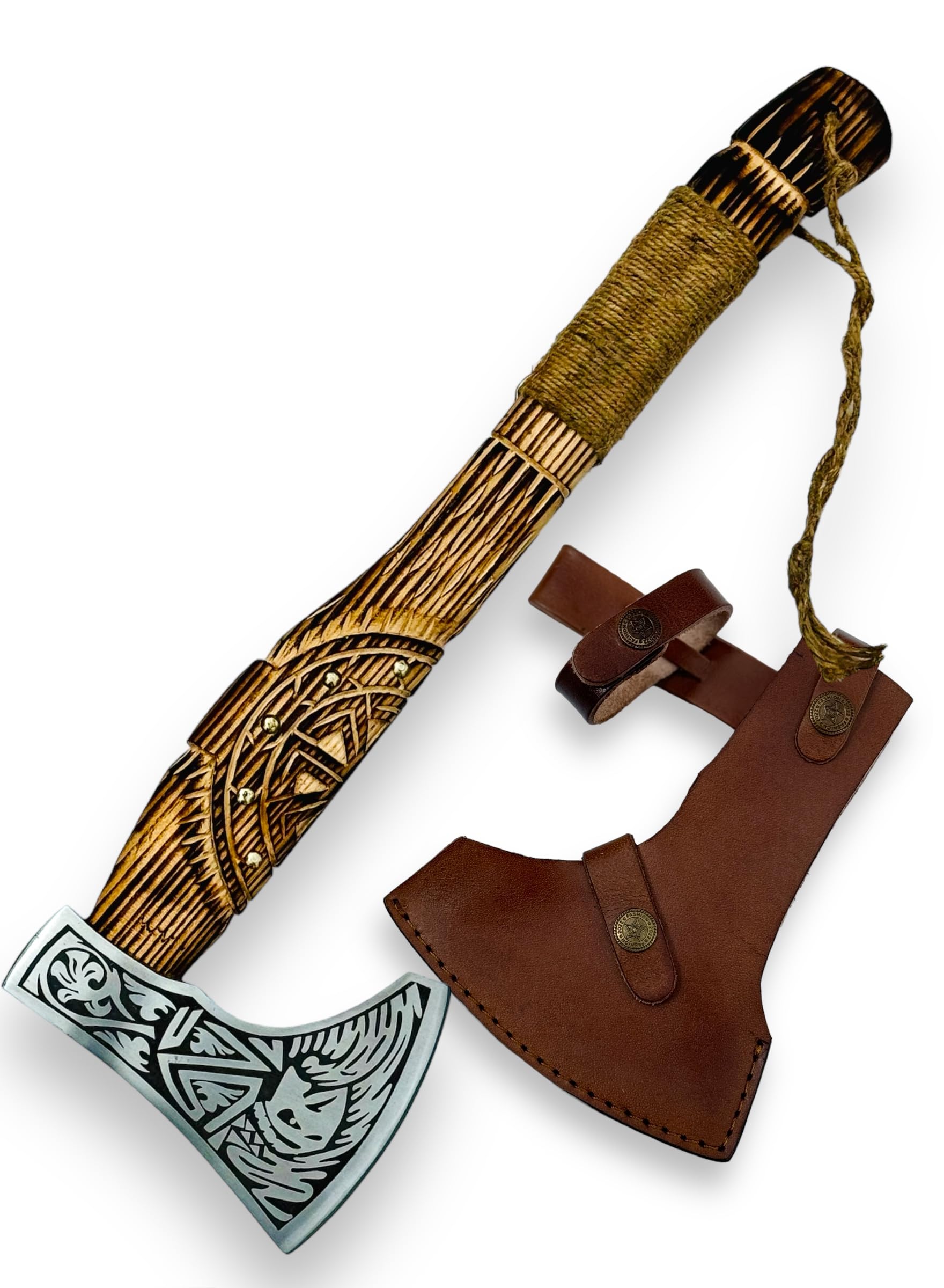 CraftTal® Wikinger Axt - Handgefertigte mit Gravur und Lederschutz - Ideale Mittelalter Deko, Geschenke für Männer u. Frauen, Vikings Fanartikel, LARP Beil