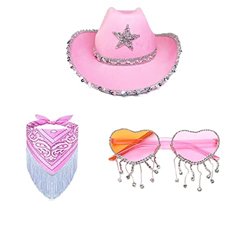 JSZDFSV CowboyHut, Brille, BandanaSet, Cowgirl-Hut, Frau, Junggesellinnenabschied, Cowgirl-Brille, Bachelorette, Cowgirl, Bandana, Cowgirl-Brille