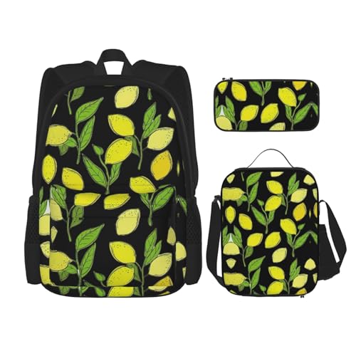 WURTON Gelbe frische Zitronen Druck verstellbare Schultergurte Rucksack Set Mittagessen Tasche Federmäppchen Kombination Taschen Set