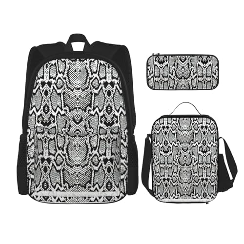 WURTON Schulrucksack-Set mit Schlangenhaut-Aufdruck, 3-in-1-Büchertaschen-Set mit Lunchbox, Federmäppchen, Reise-Laptop-Tagesrucksäcke, Schwarz / Weiß