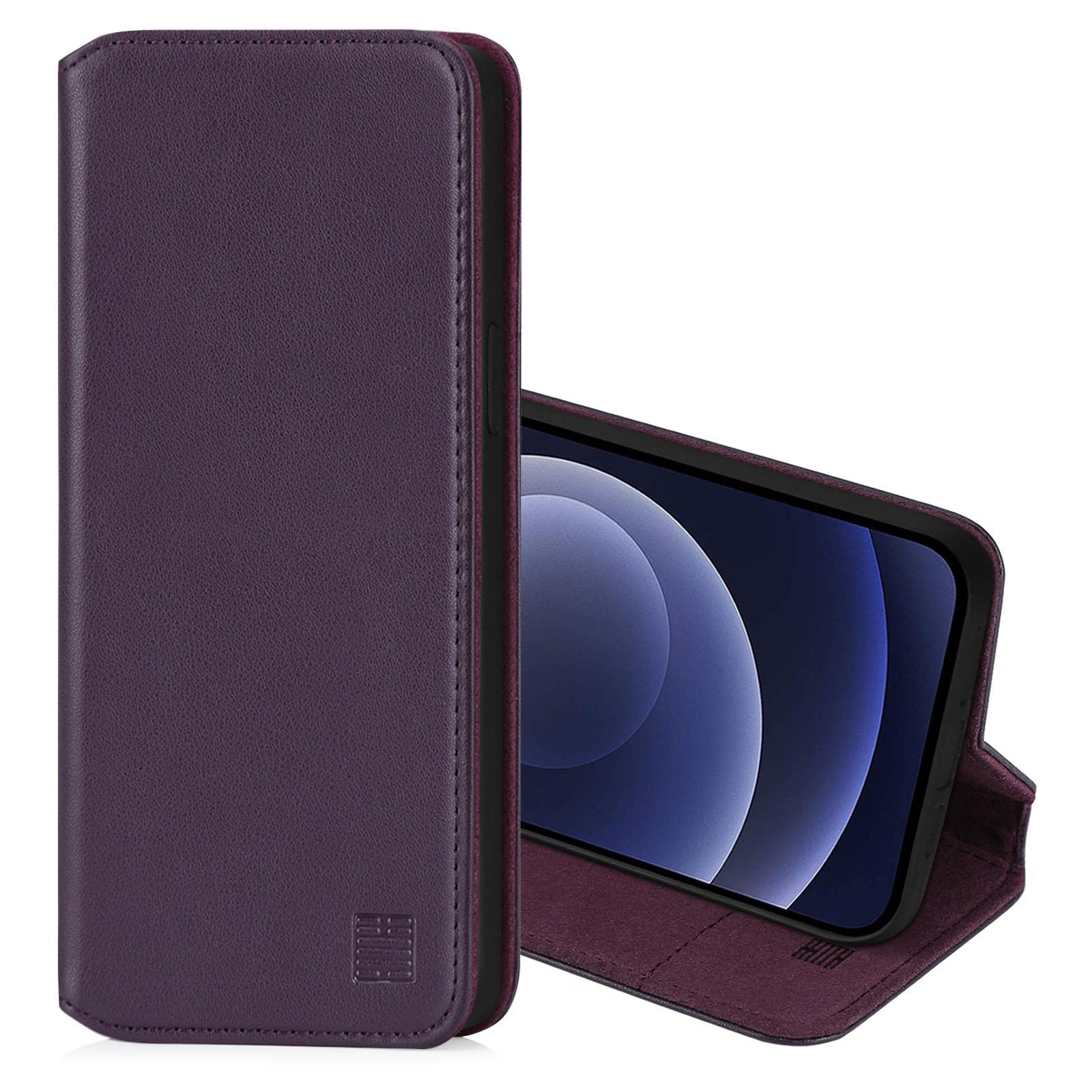 32nd Klassische Series 2.0 - Lederhülle Case Cover für Apple iPhone 12 (6.1") / iPhone 12 Pro (6.1"), Echtleder Hülle Mit Kartensteckplatz, Magnetisch und Standfuß - Aubergine