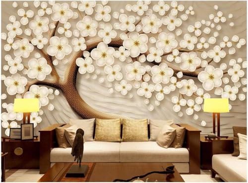 Geprägte Blume Weiße Blume Baum Des Glücks Baum Des Glücks 3D Tapete Poster Restaurant Schlafzimmer Wohnzimmer Sofa TV Dekorative Wand-400cm×280cm